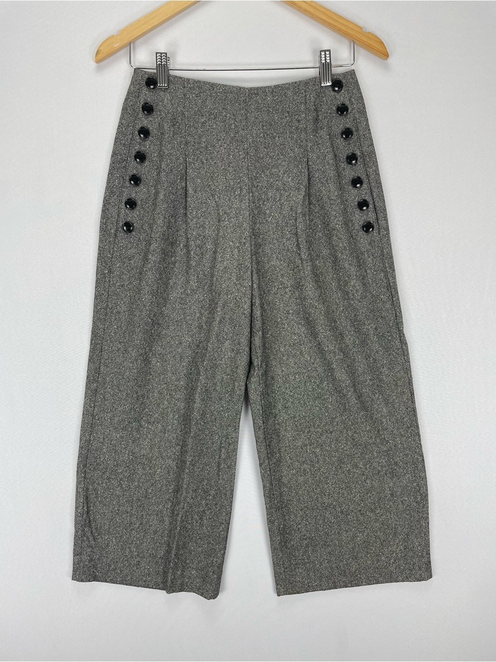 Club Monaco Wide Leg Pants Women’s 2 Heather Gray Sailor Buttons Wool/Silk Blend